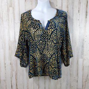PJK Patterson J Kincaid Womens Top S Blue Brown Velvet Sheer Geometric Print P8